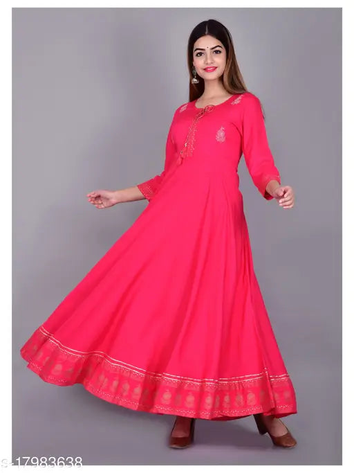 Rayon embroidered flared kurta for women, solid pattern, three-quarter sleeves, various sizes available