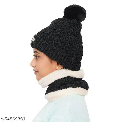 Trendy velvet-touch woolen beanie & scarf set, fur inside, women's premium quality winter wear