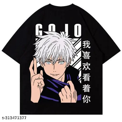 Black oversized graphic GOZO Anime cotton T-shirt with short sleeves, perfect for anime fans, India origin