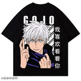 Black oversized graphic GOZO Anime cotton T-shirt with short sleeves, perfect for anime fans, India origin