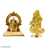 Metal Ganesha and Murugan statues, golden-toned, office/desk/dashboard decor (6.5cm combo offer)