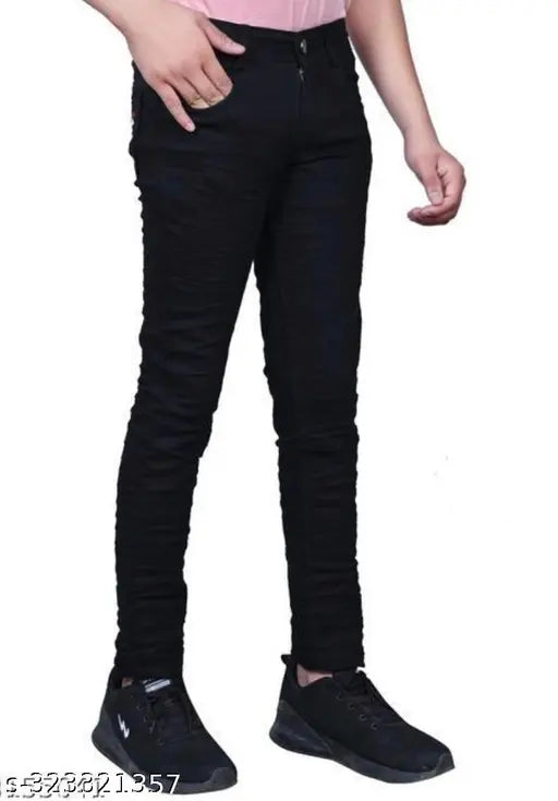 Black denim ruff and tuff jeans, solid pattern, size 28-32 from India on display