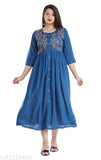 Rayon printed blue stylish kurti with embroidered pattern, three-quarter sleeves, Indian ethnic wear for women