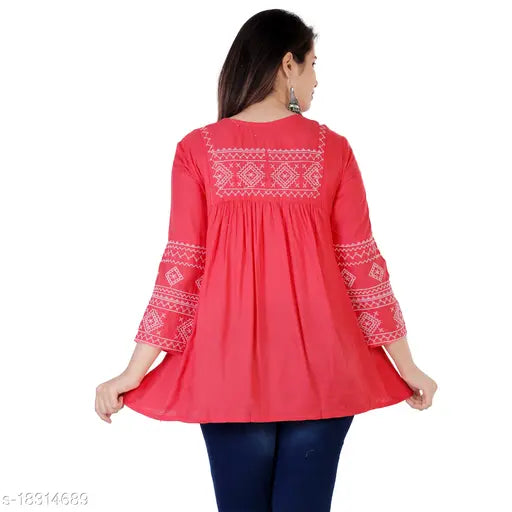 Multicolor dots embroidered crepe top on hanger, satin fabric with short sleeves, women's fashion, trendy Indian design