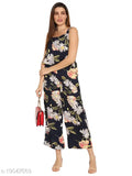 Navy blue Georgette sleeveless jumpsuit with floral print by Ruhaan's, women's summer fashion on mannequin