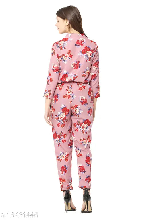 Purple floral print crepe jumpsuit for women & girls by Avyanna, three-quarter sleeves, Indian origin