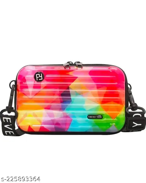 Rainbow acrylic cross body sling bag with 1 compartment, printed net design, free size, country of origin: India