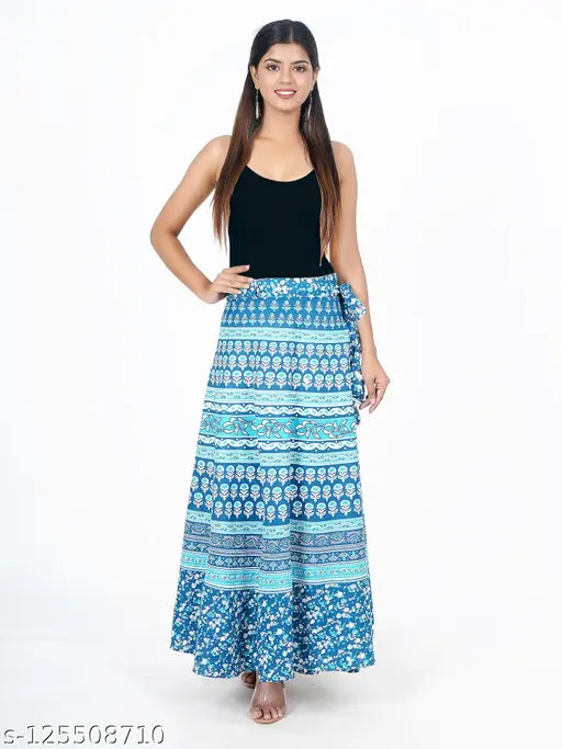 Blue cotton printed wrap-around high-rise A-line skirt for women, perfect for various occasions. Comfortable and stylish, suitable for multiple sizes including Sizes: 28, 30, 32, 34, 36, 38, 40, Free Size. Crafted in India