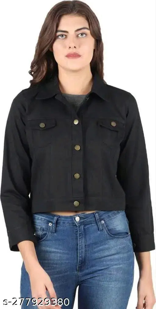 Black denim three-quarter sleeve jacket by M S Fashion House for women, solid pattern, size S (bust 34in, length 23in)