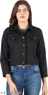 Black denim three-quarter sleeve jacket by M S Fashion House for women, solid pattern, size S (bust 34in, length 23in)