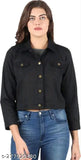 Black denim three-quarter sleeve jacket by M S Fashion House for women, solid pattern, size S (bust 34in, length 23in)