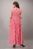Pink rayon printed long kurti, cotton blend sleeveless, size S-XXXL. Indian traditional wear for women on display