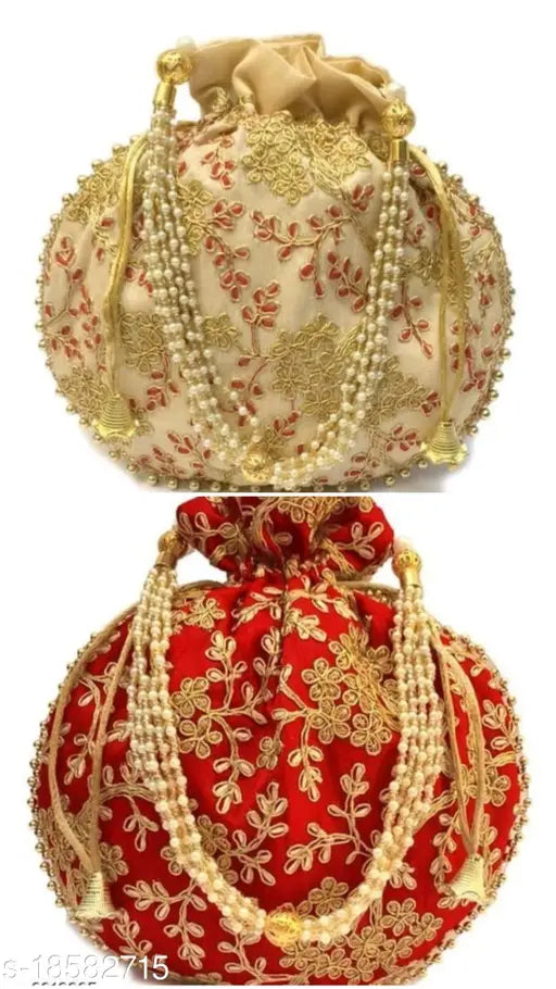 Multicolor fabric net women's combo potlis, stylish Indian handcrafted accessory set (2 pieces)