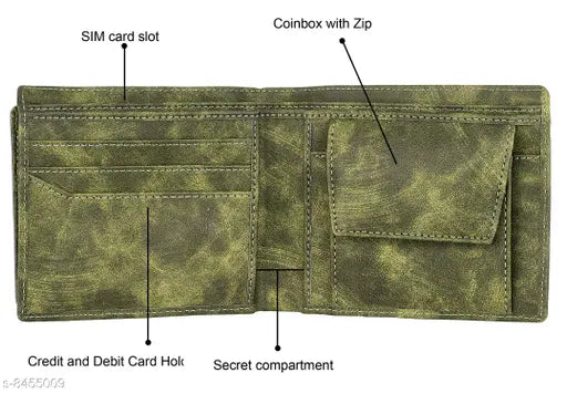 Leather Seetu Green Men's Wallet - Textured Design, 5 Compartments, Free Size (10cm x 12cm), Made in India