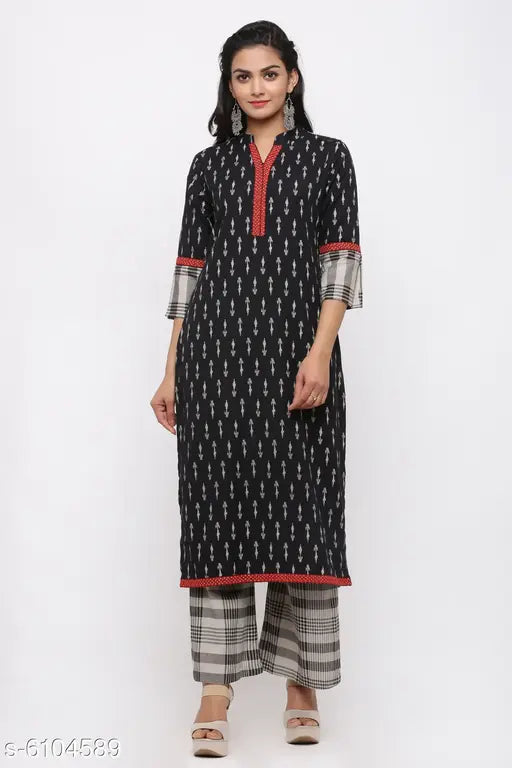 Indian cotton Ikat check prints kurta with palazzos - stylish, high-quality women's ensemble