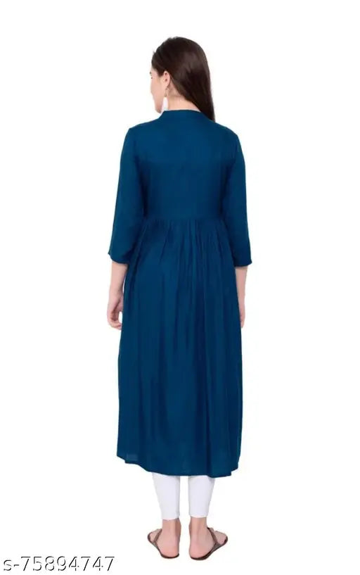 Doisa blue rayon embroidered women's kurti, high-quality 140 GMS fabric, three-quarter sleeves