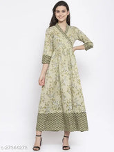 Indibelle cotton pista green floral print A-line kurta, long sleeves, self-design. Wool fabric, ankle-length, contrast folding collar and hemline. Indian origin
