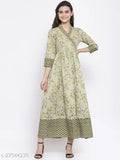 Indibelle cotton pista green floral print A-line kurta, long sleeves, self-design. Wool fabric, ankle-length, contrast folding collar and hemline. Indian origin