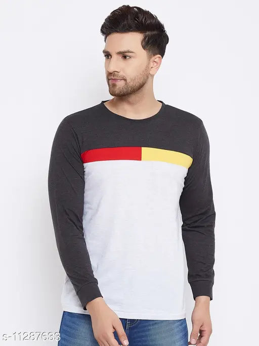Grey cotton blend colorblocked round neck t-shirt for men, full sleeves, printed pattern on front