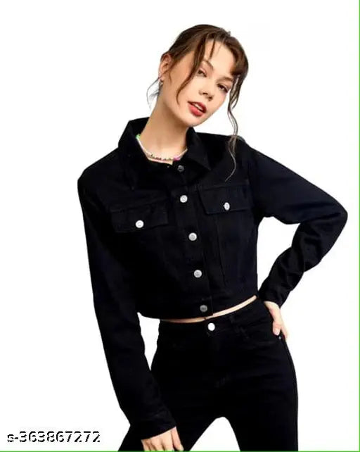 Black denim women's jacket, solid design, long sleeves, size S (34in bust, 18in length)