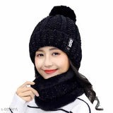 Black textured Arcylic balaclava cap set with snow proof ball cap, woolen beanie and scarf for women and girls - PinKit Winter Soft Warm 1 Set