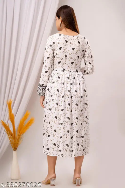 White rayon printed Anarkali kurtis for women, lightweight & stylish, ideal for casual events