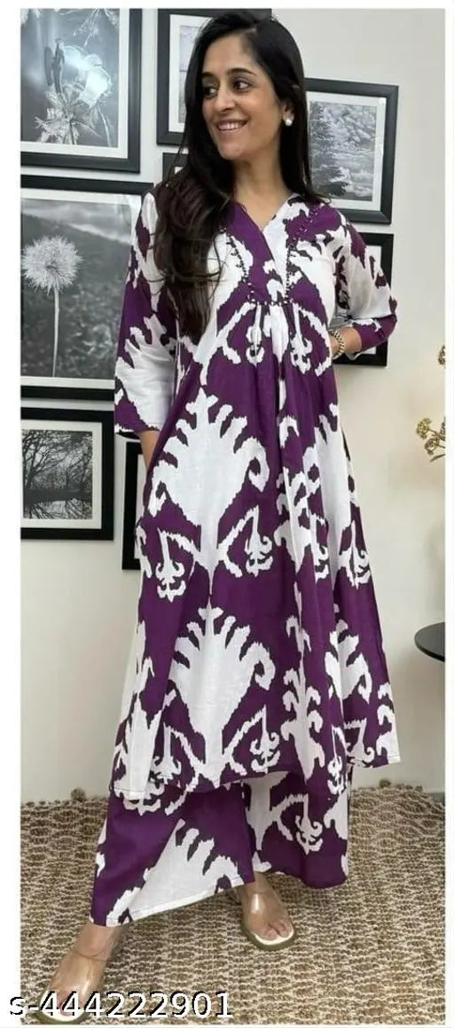 Stylish purple cotton printed kurta pant set, designed for modern women's everyday wear