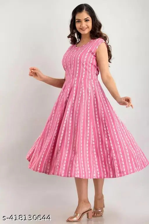 Rayon printed sleeveless Anarkali Kurta for women, trendy Indian fashion on mannequin