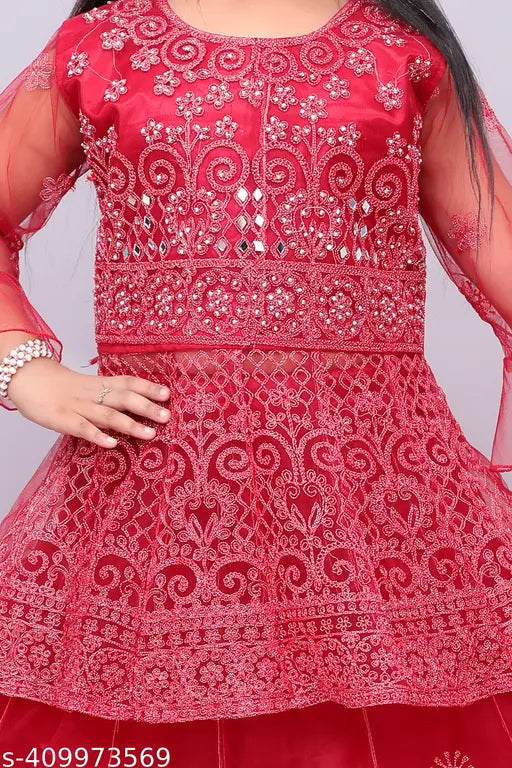 Stunning, floral-embroidered net Lehanga Choli for girls, fully stitched with mirror work - Indian wedding dress
