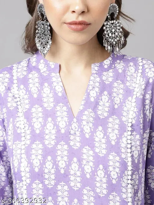 Light Purple Cotton ALine Kurta Set with Printed Floral Detail, Indian origin