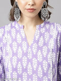 Light Purple Cotton ALine Kurta Set with Printed Floral Detail, Indian origin