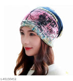 Pink printed ponytail beanie, knitted skull cap for women's winter wear, cotton material, cozy and stylish accessory