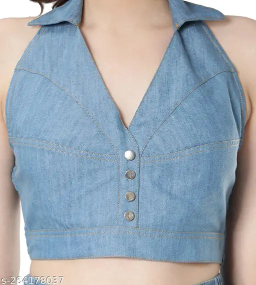 Denim halter neck crop top, solid-colored enzyme washed denim, sleeveless style, perfect for modern fashion