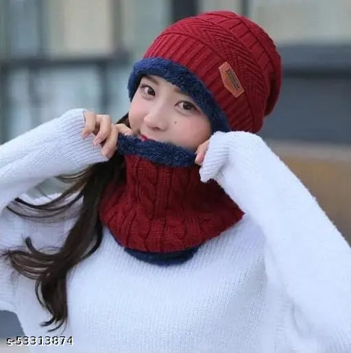 Red Arcylic fur unisex wool beanie set with muffler scarf, ideal for men & women