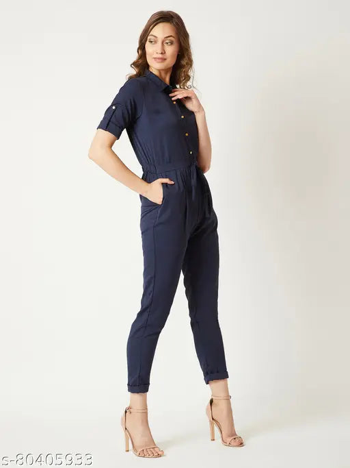 Navy blue crepe Miss Chase women's jumpsuit with rounded neck & three-quarter sleeves, solid pattern, tie-up detailing