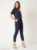 Navy blue crepe Miss Chase women's jumpsuit with rounded neck & three-quarter sleeves, solid pattern, tie-up detailing