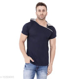 Blue cotton blend short sleeves hood t-shirt by Tfurnish, perfect casual wear for men