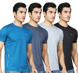 Multicolor Lycra active T-shirts for men (Pack of 4), SUPERSQUAD solid round design with short sleeves on display