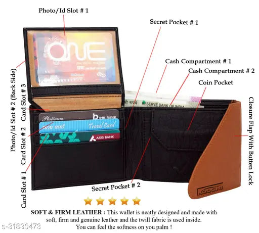 Black-Tan PU leather bi-fold wallet for men with 2 slip compartments, 3 card slots, and a coin pocket