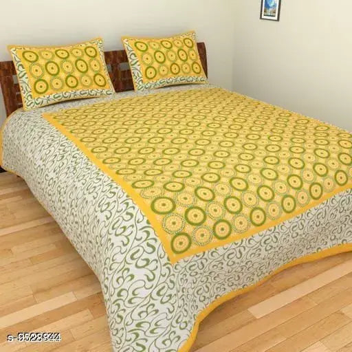 Yellow trendy cotton double bedsheets (140 thread count, 100x90, 2 pillow covers), origin India