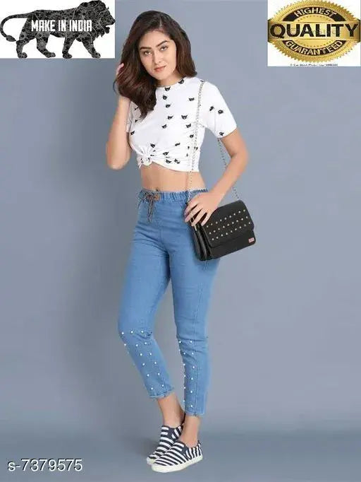 Embroidered denim Plazo pants, Jeggings with lowered waist, India-made