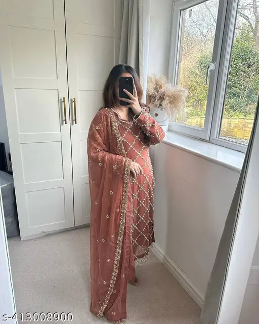 Desirable Georgette embroidered work top and pent with dupatta - Indian Georgette sequence blouse set