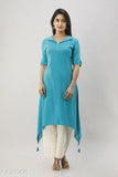 Teal blue embroidered collared cotton slub kurti with asymmetrical hem - Indian women's fashion