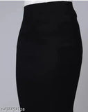 Black polycotton pencil skirt for women, versatile semi-formal office wear or party outfit. Knee-length, elasticated waist belt, machine washable
