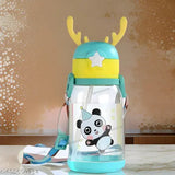Multicolor kids sipper bottle, Tennessine deer horn shaped with cartoon character, 600ml leak-proof plastic, for fun drinking on the go