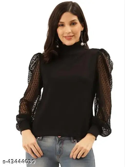 Black cotton solid Victorian winter top by Style Quotient, high neck knit with polka sheer lace full sleeves