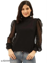 Black cotton solid Victorian winter top by Style Quotient, high neck knit with polka sheer lace full sleeves