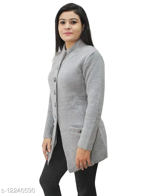 Soft wool long-sleeve cardigan, solid neutral, Indian handcraft