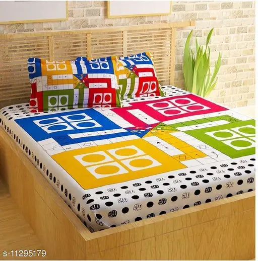 Jaipuri printed cotton double bed sheet combo pack, 2 queen size sheets with 4 Ludo print pillow covers, Indian origin
