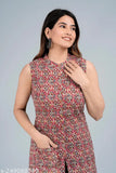 Cotton printed A-line kurta set with palazzos, stylish sleeveless Indian women's fashion in cotton cambric